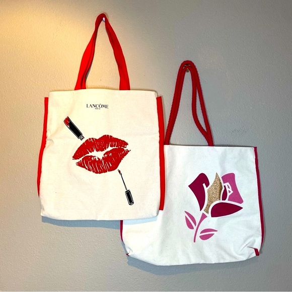 Lancôme Set of Rose Print & Lip Cosmetic Print Canvas Tote Bag - Picture 1 of 10